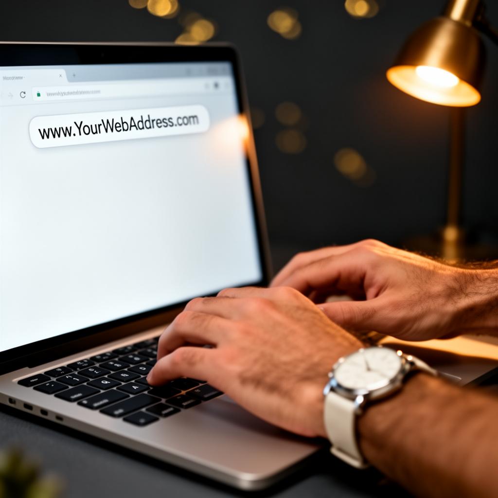 Hands typing a web address into a browser