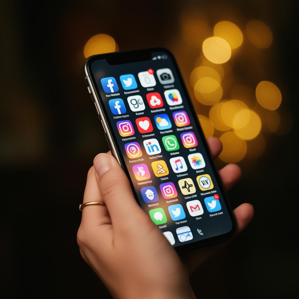A hand holding a phone full of social and web app connections